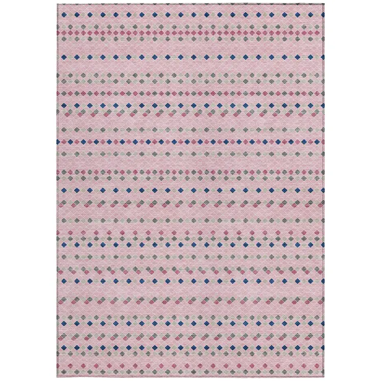 3' X 5' Pink And Ivory Striped Washable Indoor Outdoor Area Rug