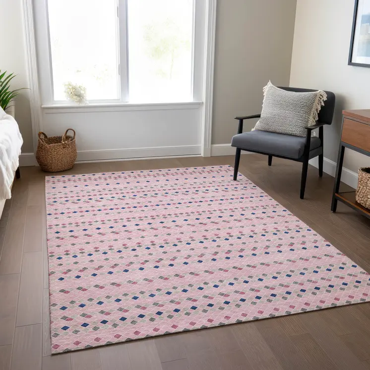 3' X 5' Pink And Ivory Striped Washable Indoor Outdoor Area Rug