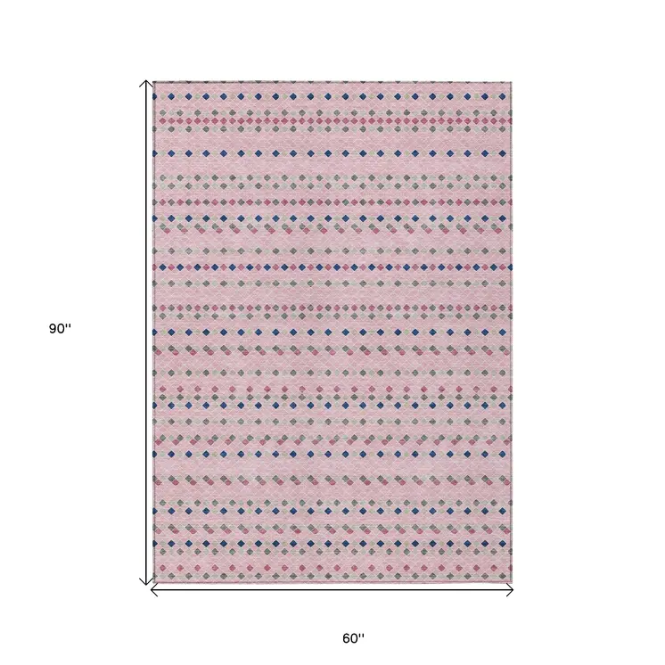 5' X 8' Pink And Ivory Striped Washable Indoor Outdoor Area Rug
