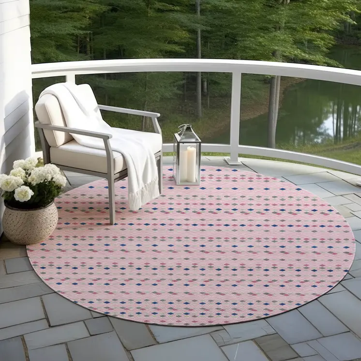 8' Pink And Ivory Round Striped Washable Indoor Outdoor Area Rug