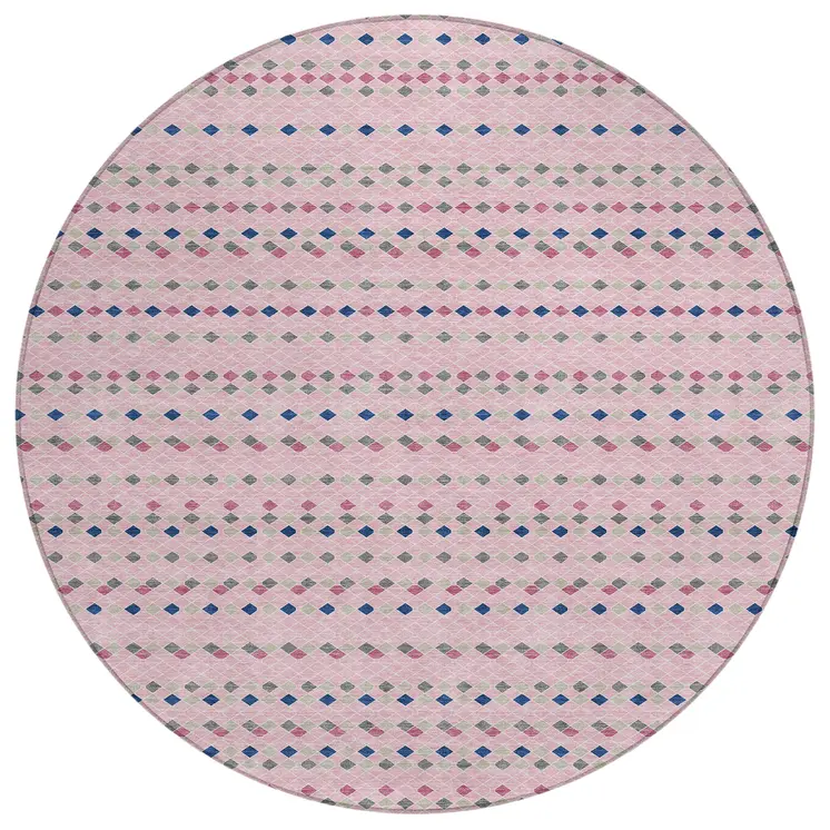 8' Pink And Ivory Round Striped Washable Indoor Outdoor Area Rug