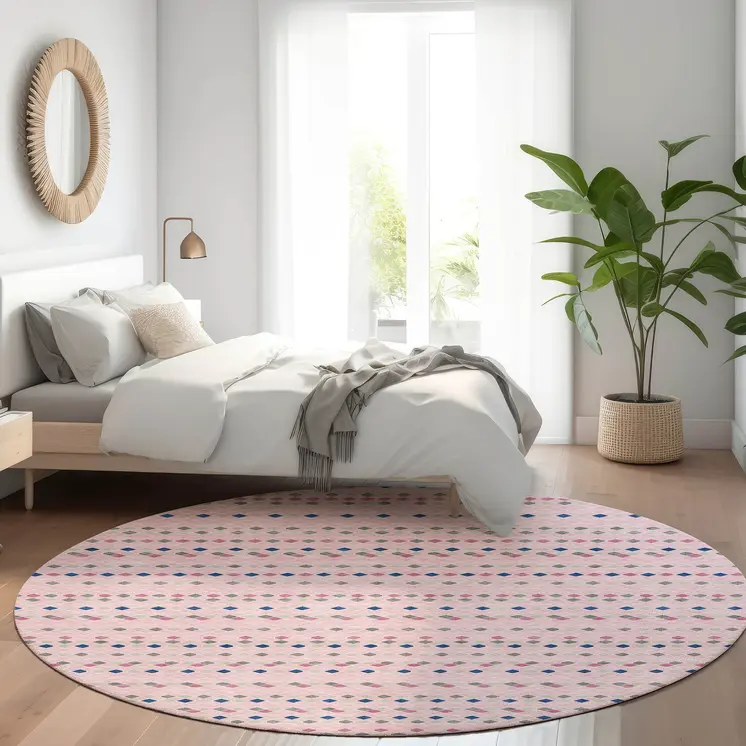 8' Pink And Ivory Round Striped Washable Indoor Outdoor Area Rug