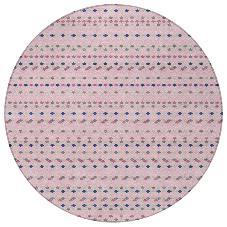 8' Pink And Ivory Round Striped Washable Indoor Outdoor Area Rug