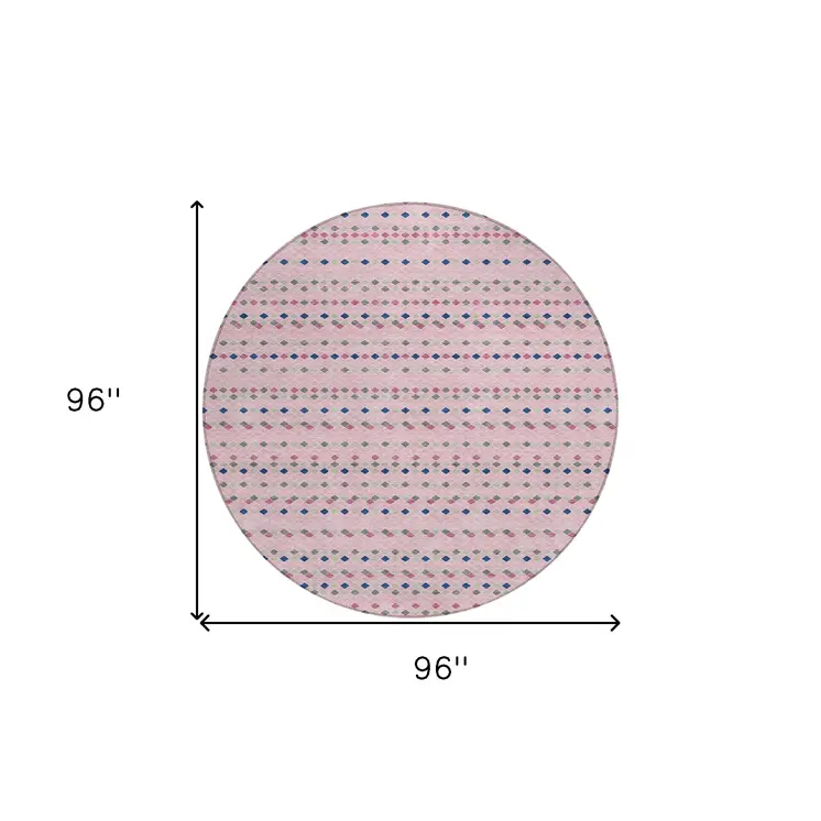 8' Pink And Ivory Round Striped Washable Indoor Outdoor Area Rug