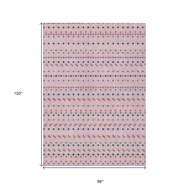 8' X 10' Pink And Ivory Striped Washable Indoor Outdoor Area Rug