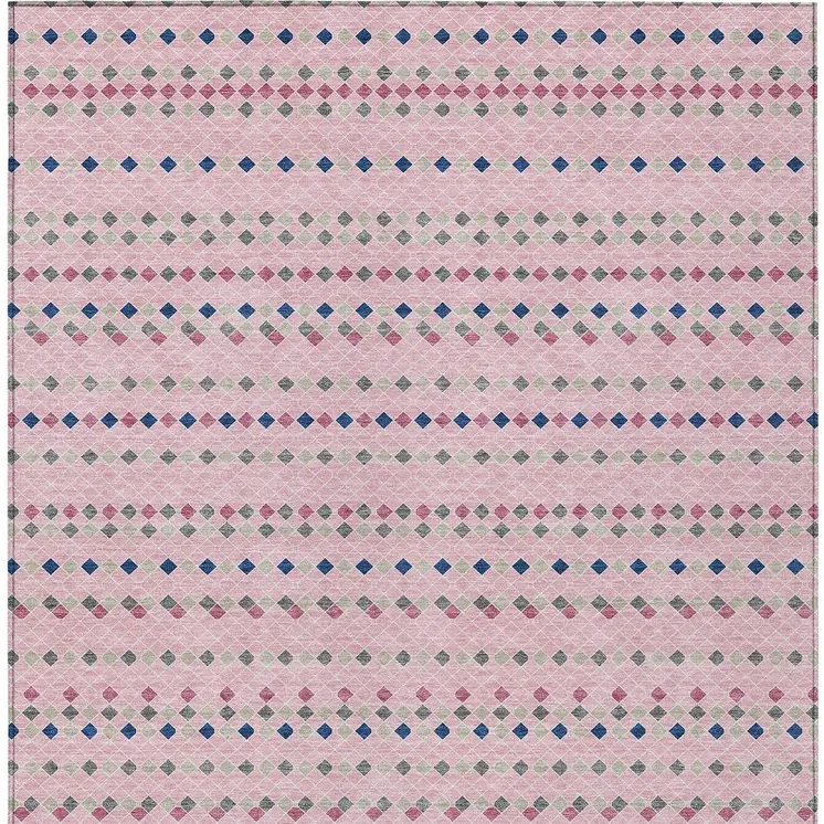 9' X 12' Pink And Ivory Striped Washable Indoor Outdoor Area Rug