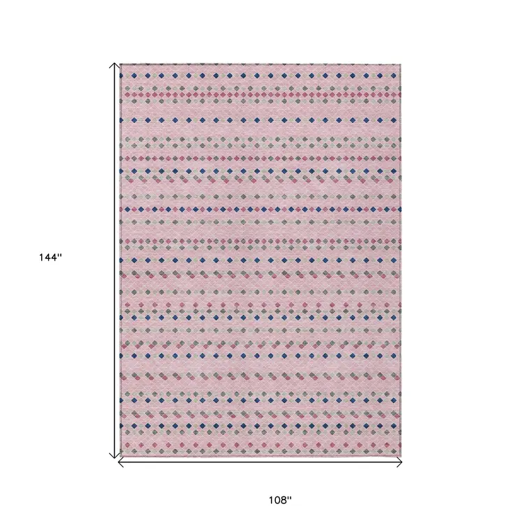 9' X 12' Pink And Ivory Striped Washable Indoor Outdoor Area Rug