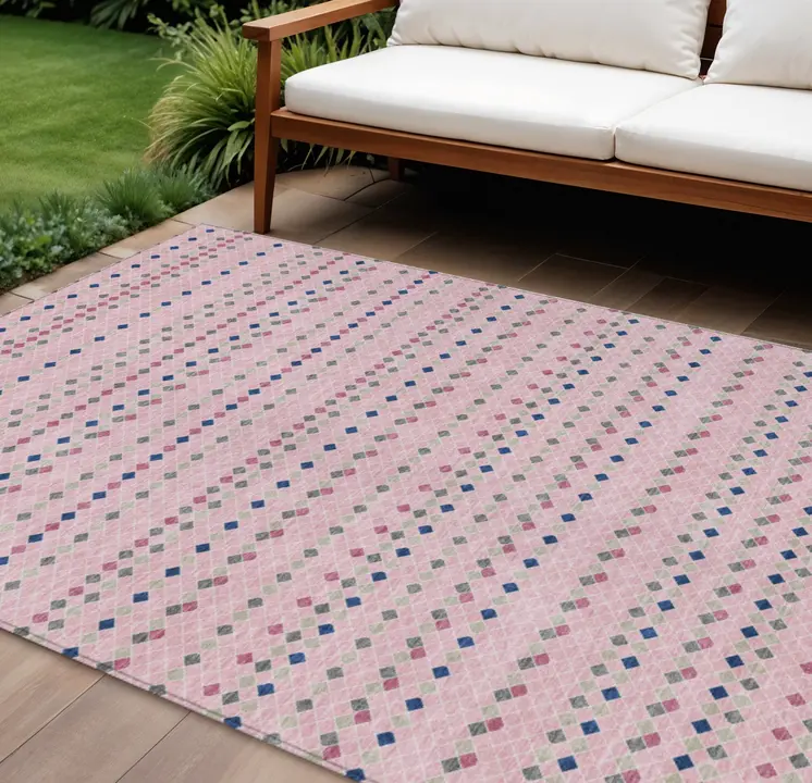 9' X 12' Pink And Ivory Striped Washable Indoor Outdoor Area Rug