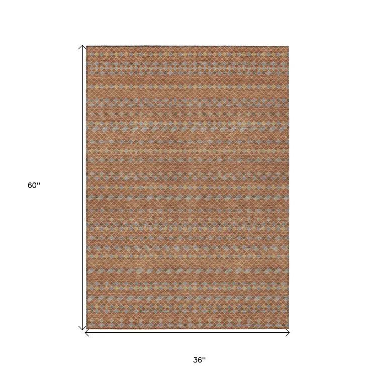 3' X 5' Orange And Taupe Striped Washable Indoor Outdoor Area Rug
