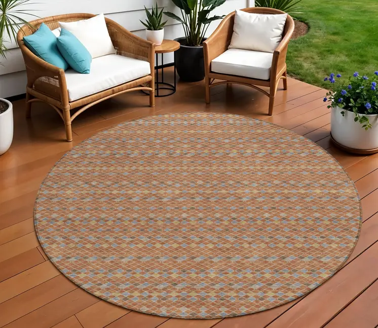 8' Orange And Taupe Round Striped Washable Indoor Outdoor Area Rug