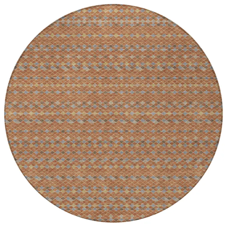 8' Orange And Taupe Round Striped Washable Indoor Outdoor Area Rug