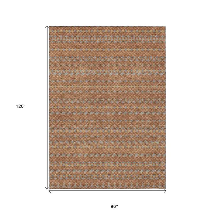 8' X 10' Orange And Taupe Striped Washable Indoor Outdoor Area Rug