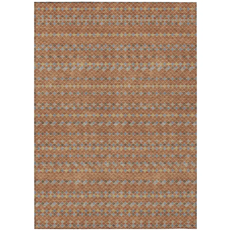 8' X 10' Orange And Taupe Striped Washable Indoor Outdoor Area Rug