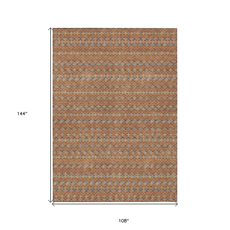9' X 12' Orange And Taupe Striped Washable Indoor Outdoor Area Rug