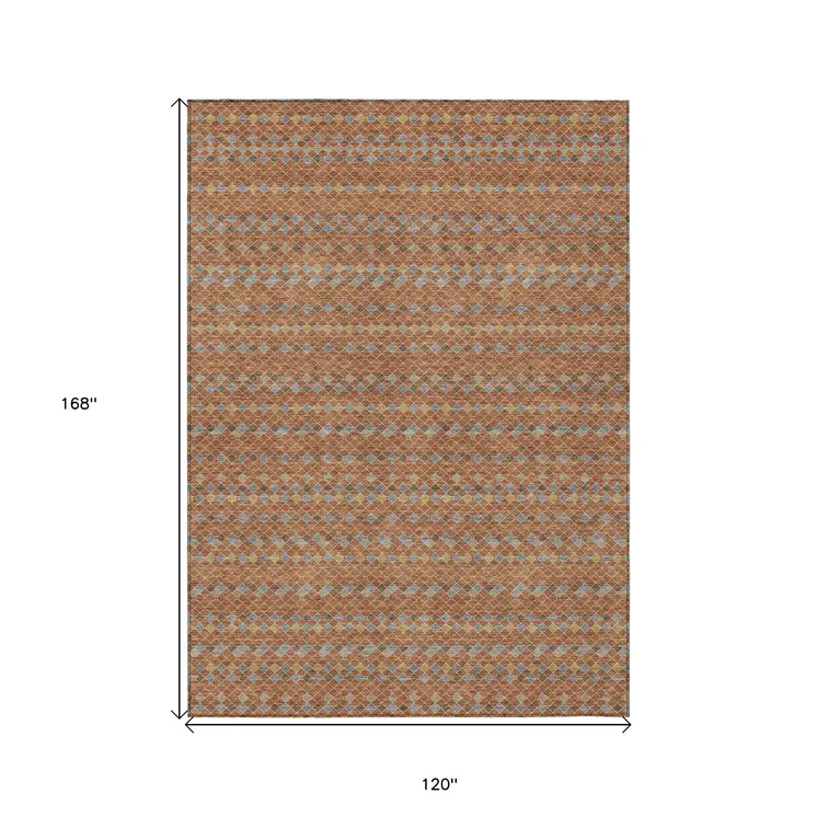 10' X 14' Orange And Taupe Striped Washable Indoor Outdoor Area Rug
