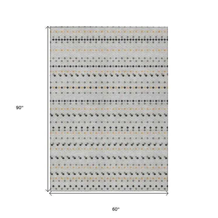 5' X 8' Silver And Gray Striped Washable Indoor Outdoor Area Rug