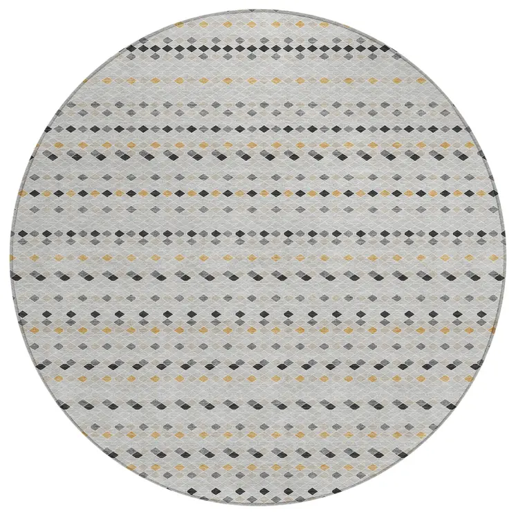 8' Silver And Gray Round Striped Washable Indoor Outdoor Area Rug