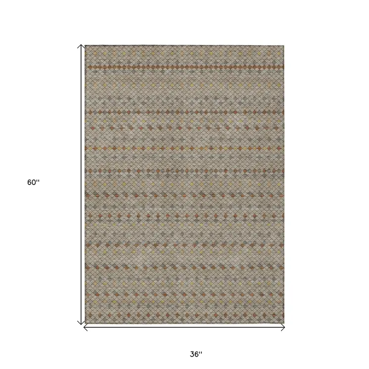 3' X 5' Taupe And Copper Striped Washable Indoor Outdoor Area Rug