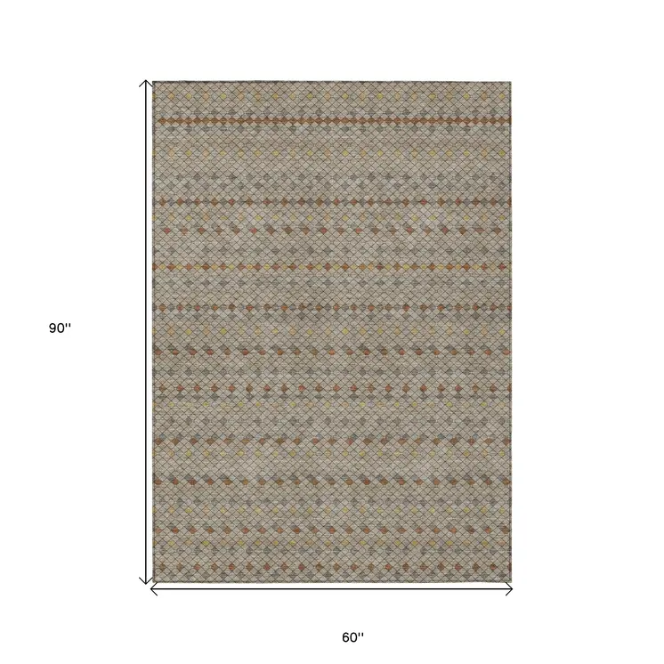 5' X 8' Taupe And Copper Striped Washable Indoor Outdoor Area Rug