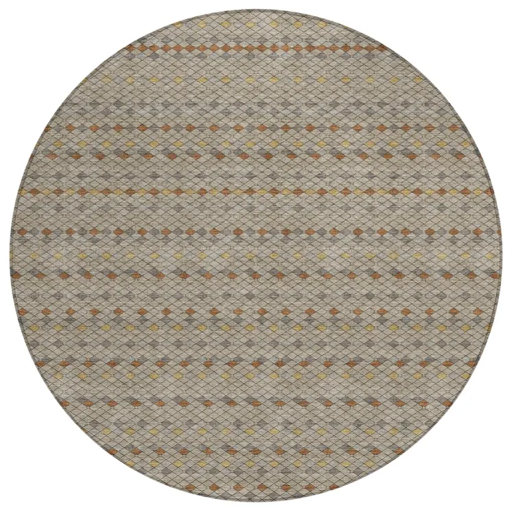 8' Taupe And Copper Round Striped Washable Indoor Outdoor Area Rug