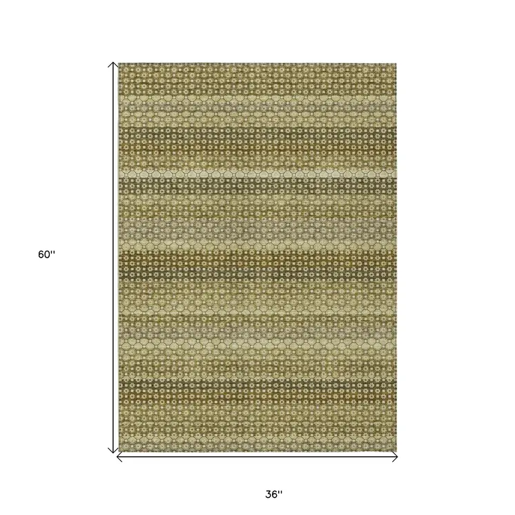 3' X 5' Artichoke Green And Fern Green Striped Washable Indoor Outdoor Area Rug
