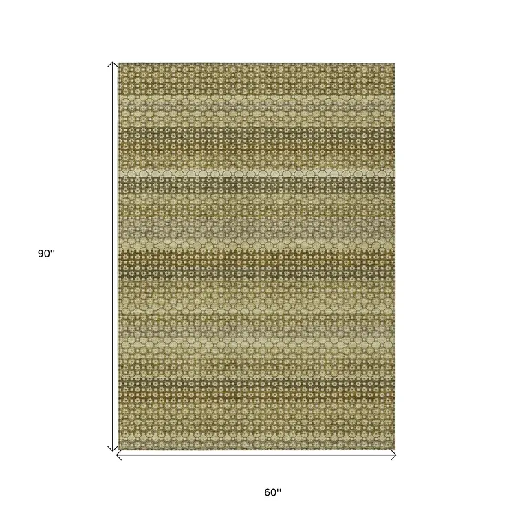 5' X 8' Artichoke Green And Fern Green Striped Washable Indoor Outdoor Area Rug
