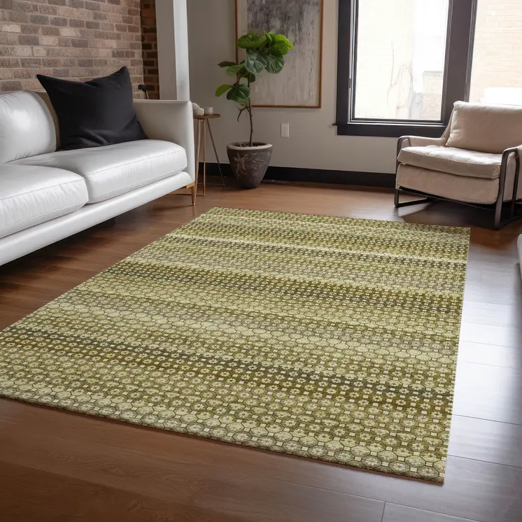 5' X 8' Artichoke Green And Fern Green Striped Washable Indoor Outdoor Area Rug