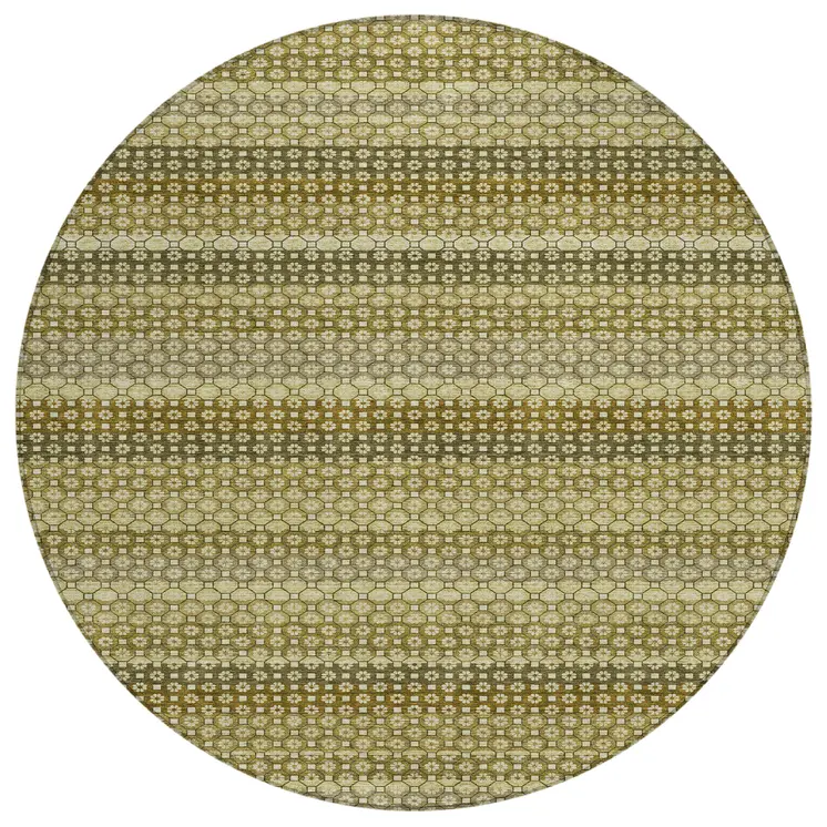 8' Artichoke Green And Fern Green Round Striped Washable Indoor Outdoor Area Rug