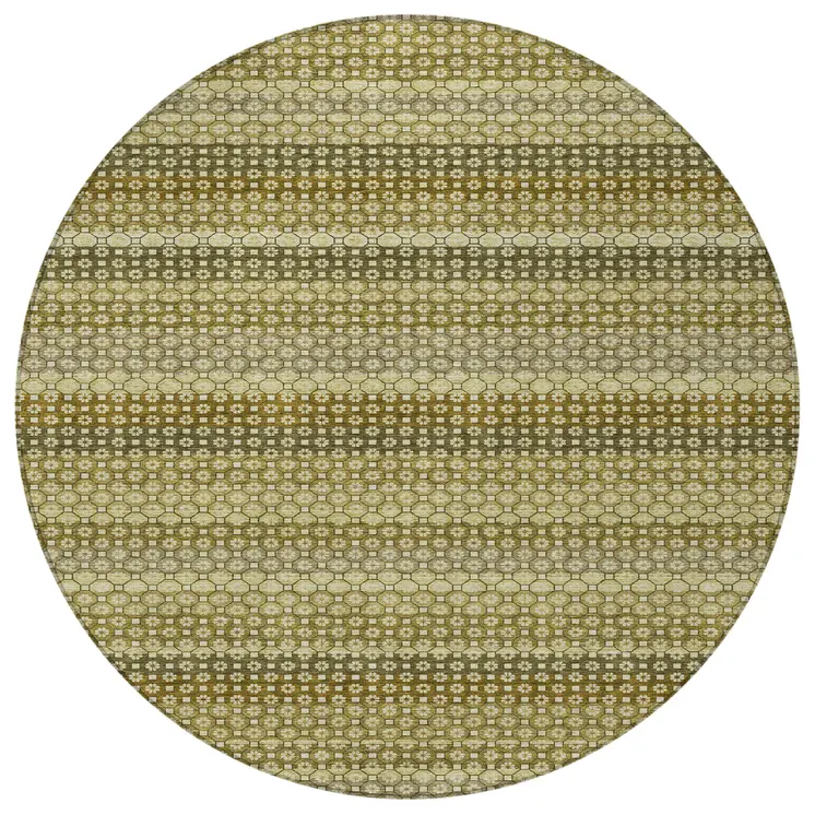 8' Artichoke Green And Fern Green Round Striped Washable Indoor Outdoor Area Rug