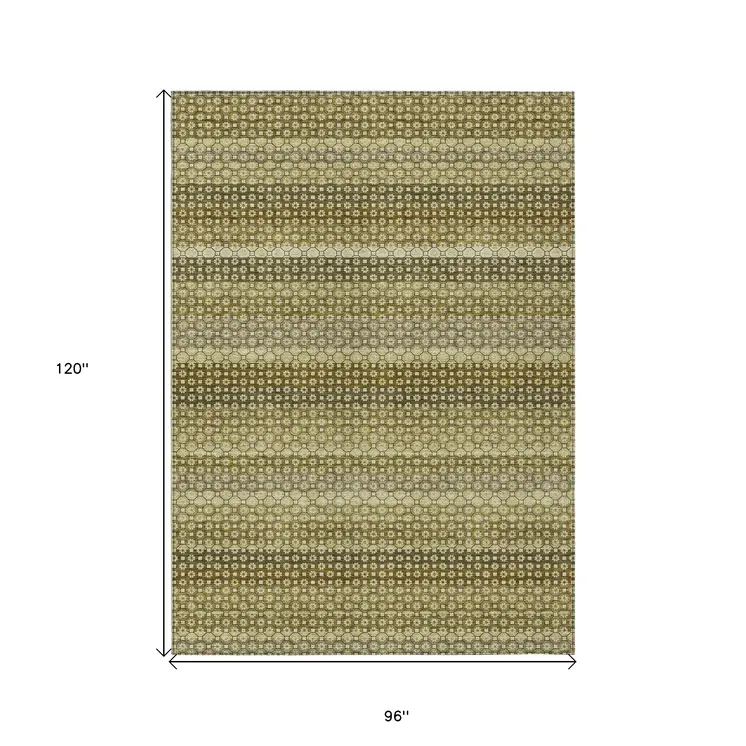 8' X 10' Artichoke Green And Fern Green Striped Washable Indoor Outdoor Area Rug