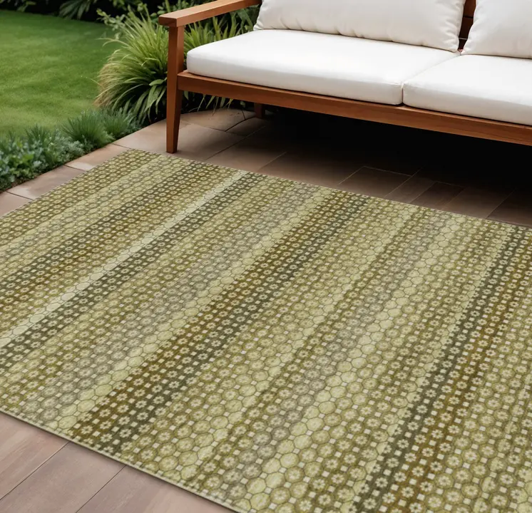 8' X 10' Artichoke Green And Fern Green Striped Washable Indoor Outdoor Area Rug
