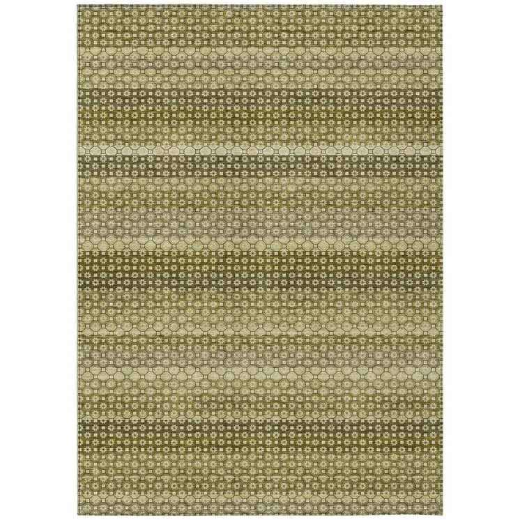 8' X 10' Artichoke Green And Fern Green Striped Washable Indoor Outdoor Area Rug