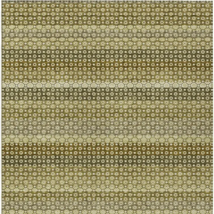 9' X 12' Artichoke Green And Fern Green Striped Washable Indoor Outdoor Area Rug