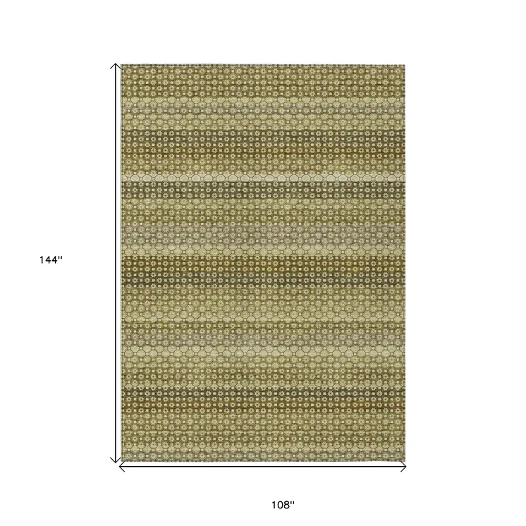 9' X 12' Artichoke Green And Fern Green Striped Washable Indoor Outdoor Area Rug