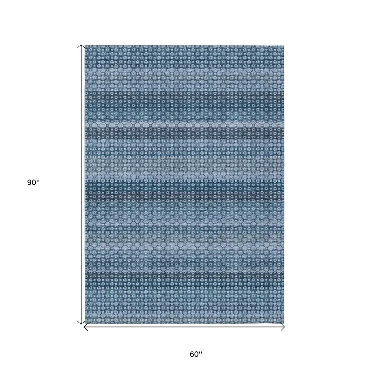 5' X 8' Denim Blue And Sky Blue Striped Washable Indoor Outdoor Area Rug