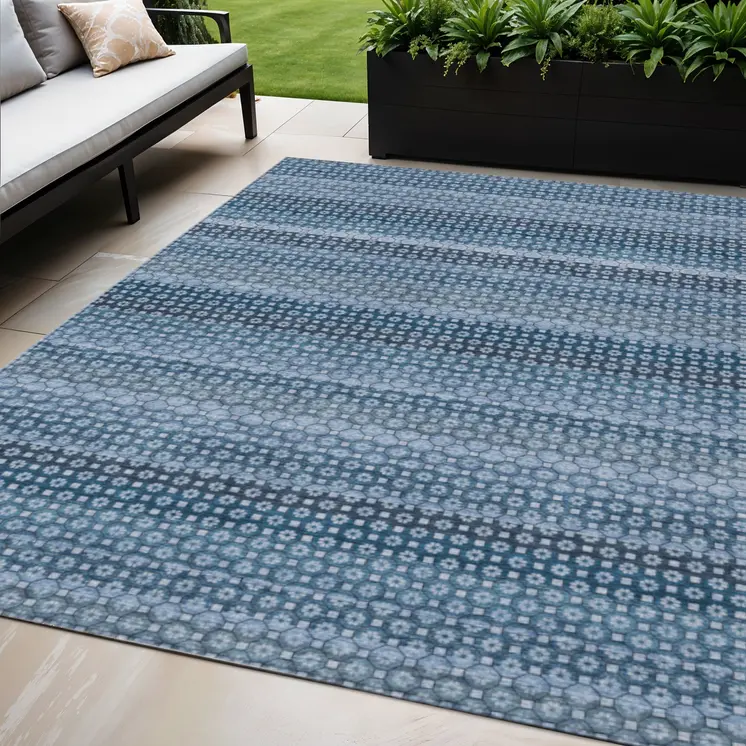 5' X 8' Denim Blue And Sky Blue Striped Washable Indoor Outdoor Area Rug