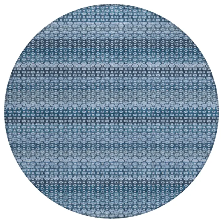 8' Denim Blue And Sky Blue Round Striped Washable Indoor Outdoor Area Rug