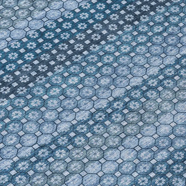 8' Denim Blue And Sky Blue Round Striped Washable Indoor Outdoor Area Rug