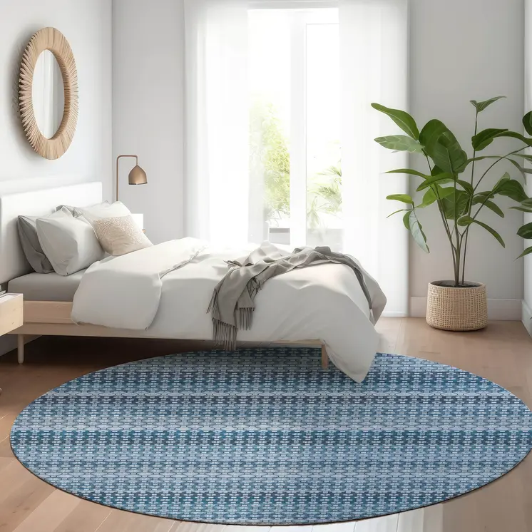 8' Denim Blue And Sky Blue Round Striped Washable Indoor Outdoor Area Rug