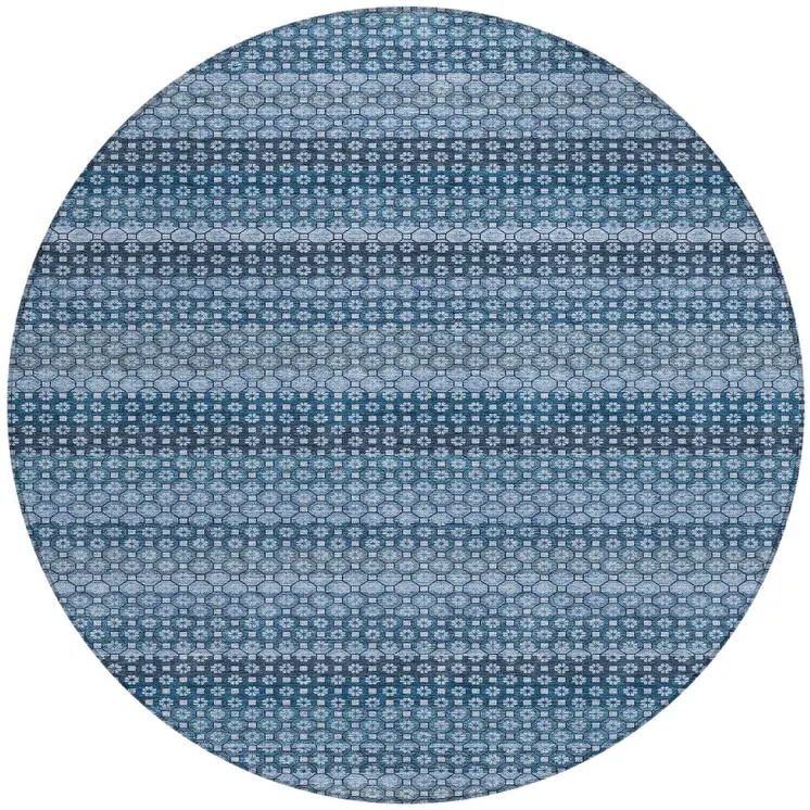 8' Denim Blue And Sky Blue Round Striped Washable Indoor Outdoor Area Rug