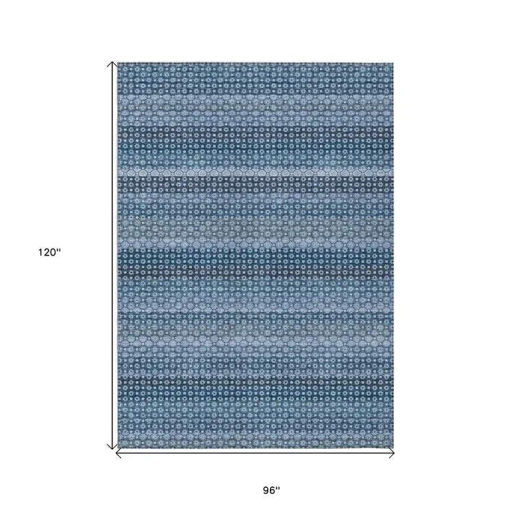 8' X 10' Denim Blue And Sky Blue Striped Washable Indoor Outdoor Area Rug