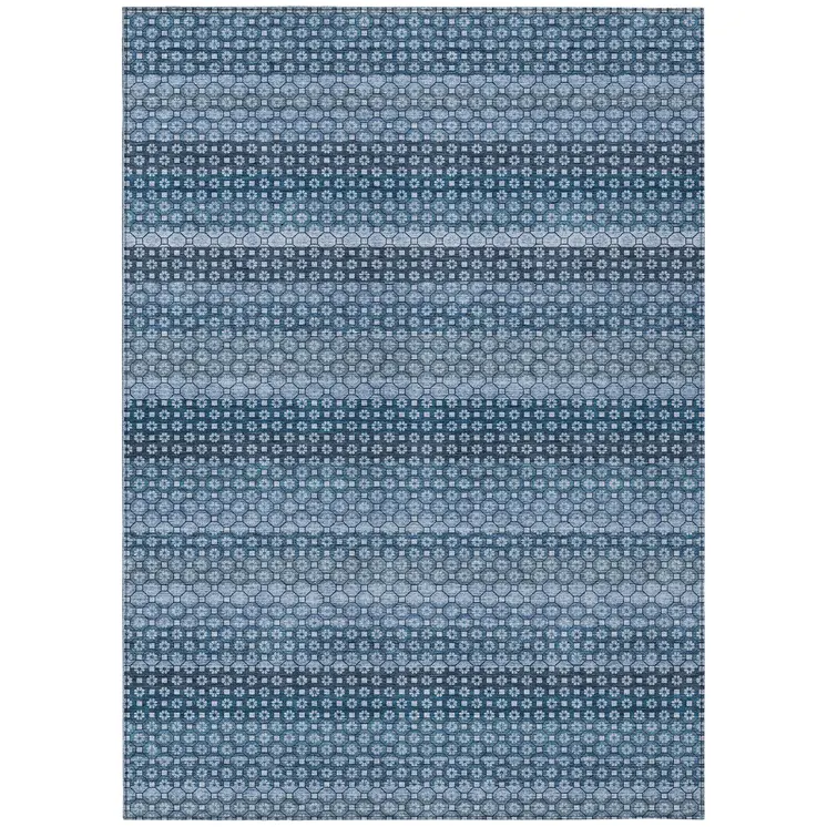 8' X 10' Denim Blue And Sky Blue Striped Washable Indoor Outdoor Area Rug