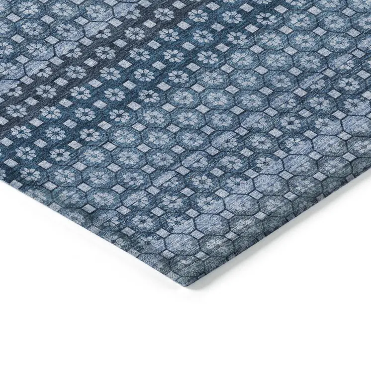 8' X 10' Denim Blue And Sky Blue Striped Washable Indoor Outdoor Area Rug