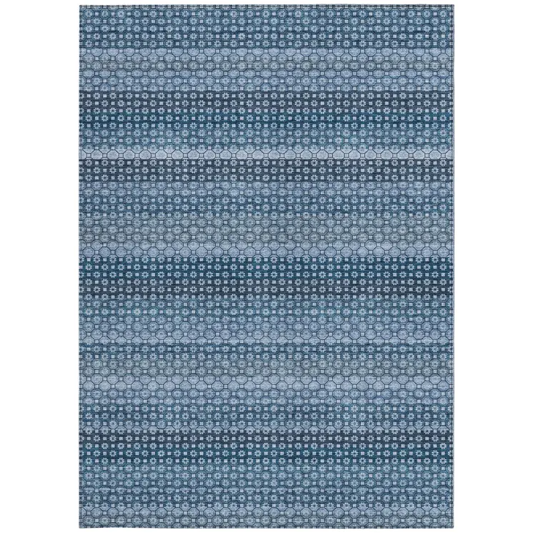 9' X 12' Denim Blue And Sky Blue Striped Washable Indoor Outdoor Area Rug
