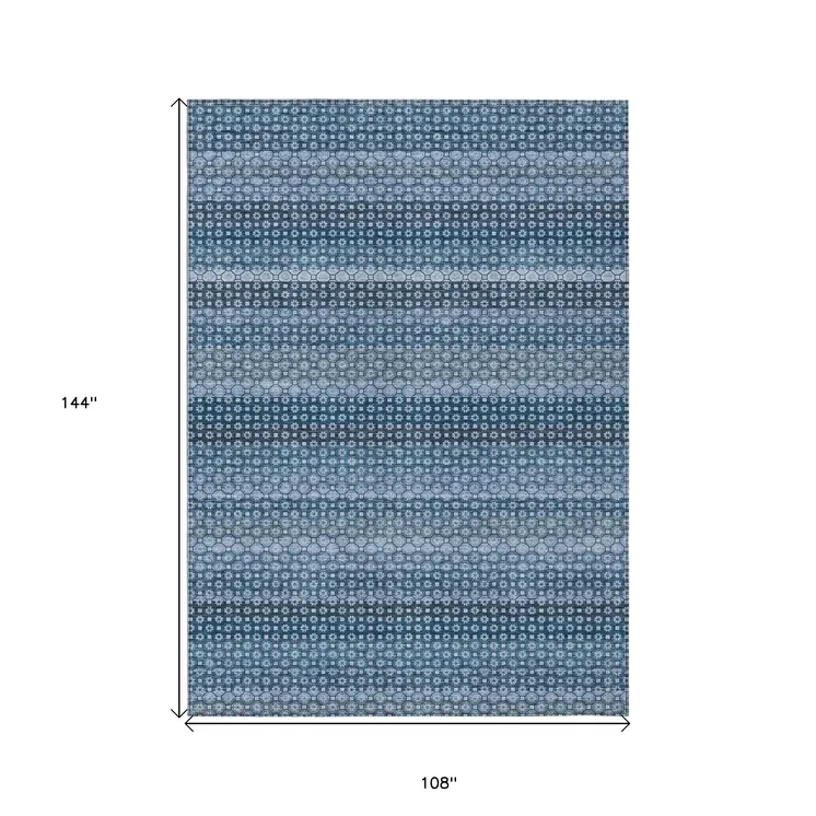 9' X 12' Denim Blue And Sky Blue Striped Washable Indoor Outdoor Area Rug