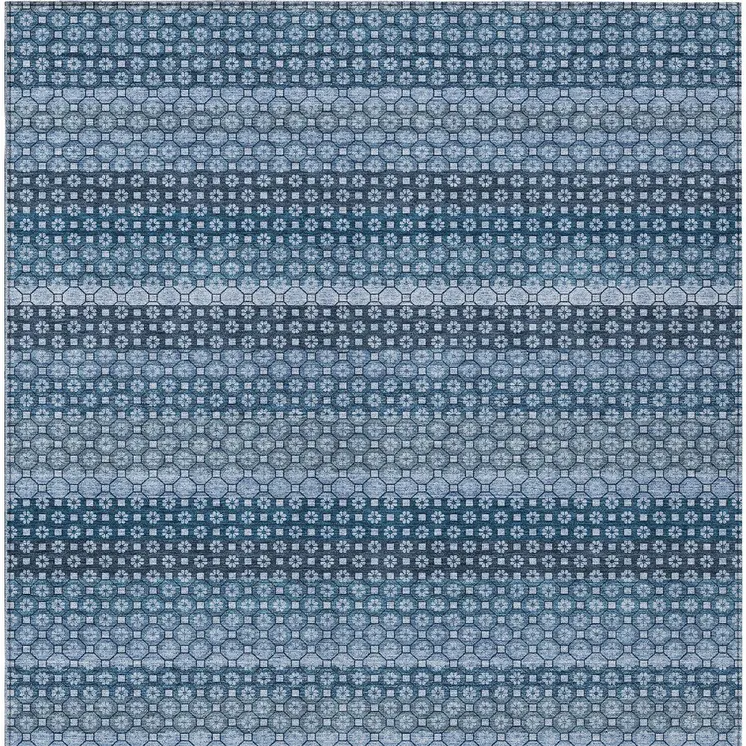 9' X 12' Denim Blue And Sky Blue Striped Washable Indoor Outdoor Area Rug
