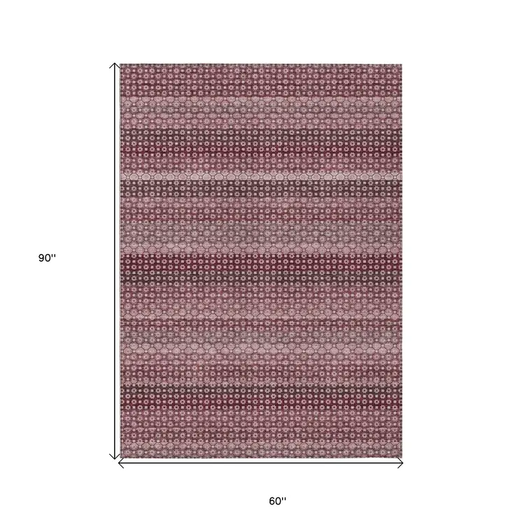 5' X 8' Red And Burgundy Striped Washable Indoor Outdoor Area Rug