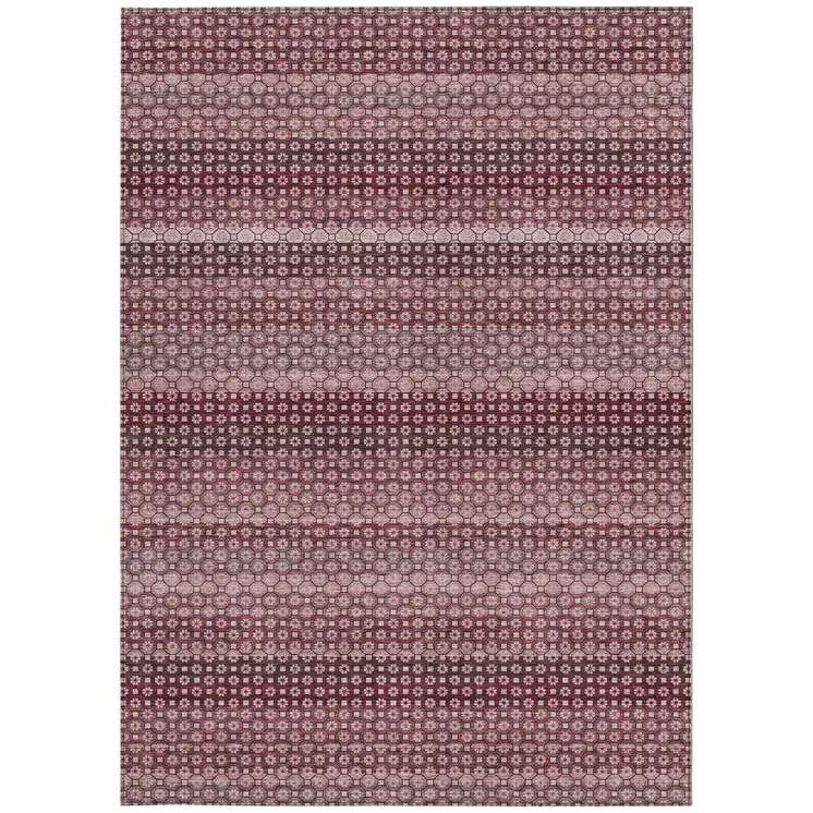 5' X 8' Red And Burgundy Striped Washable Indoor Outdoor Area Rug