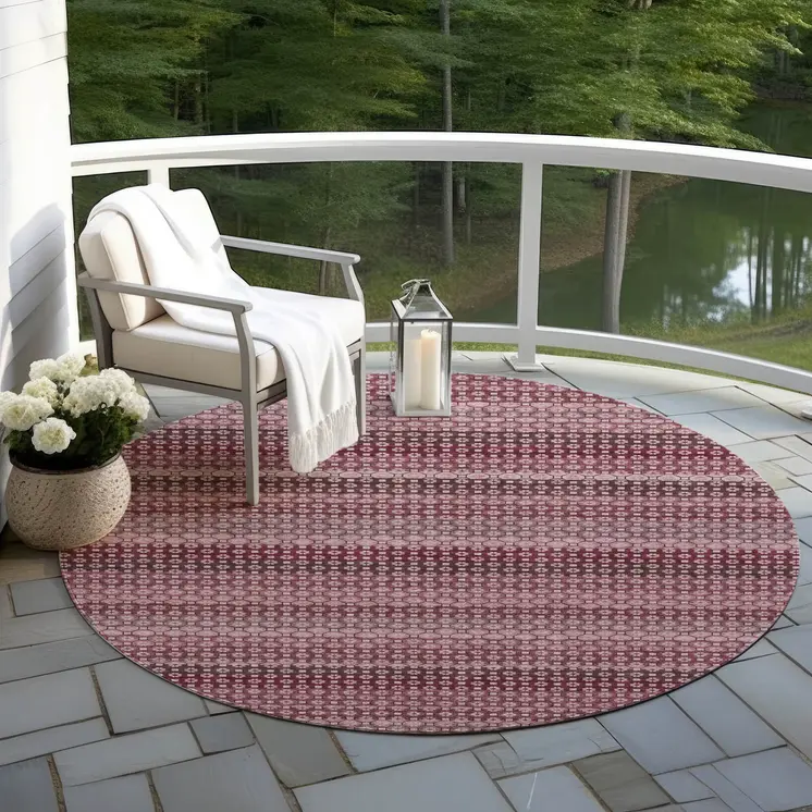 8' Red And Burgundy Round Striped Washable Indoor Outdoor Area Rug