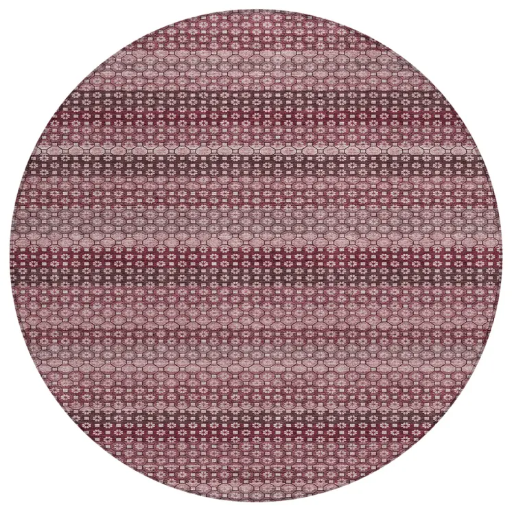 8' Red And Burgundy Round Striped Washable Indoor Outdoor Area Rug